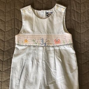 Sleeveless smocked shortall. 18 months.